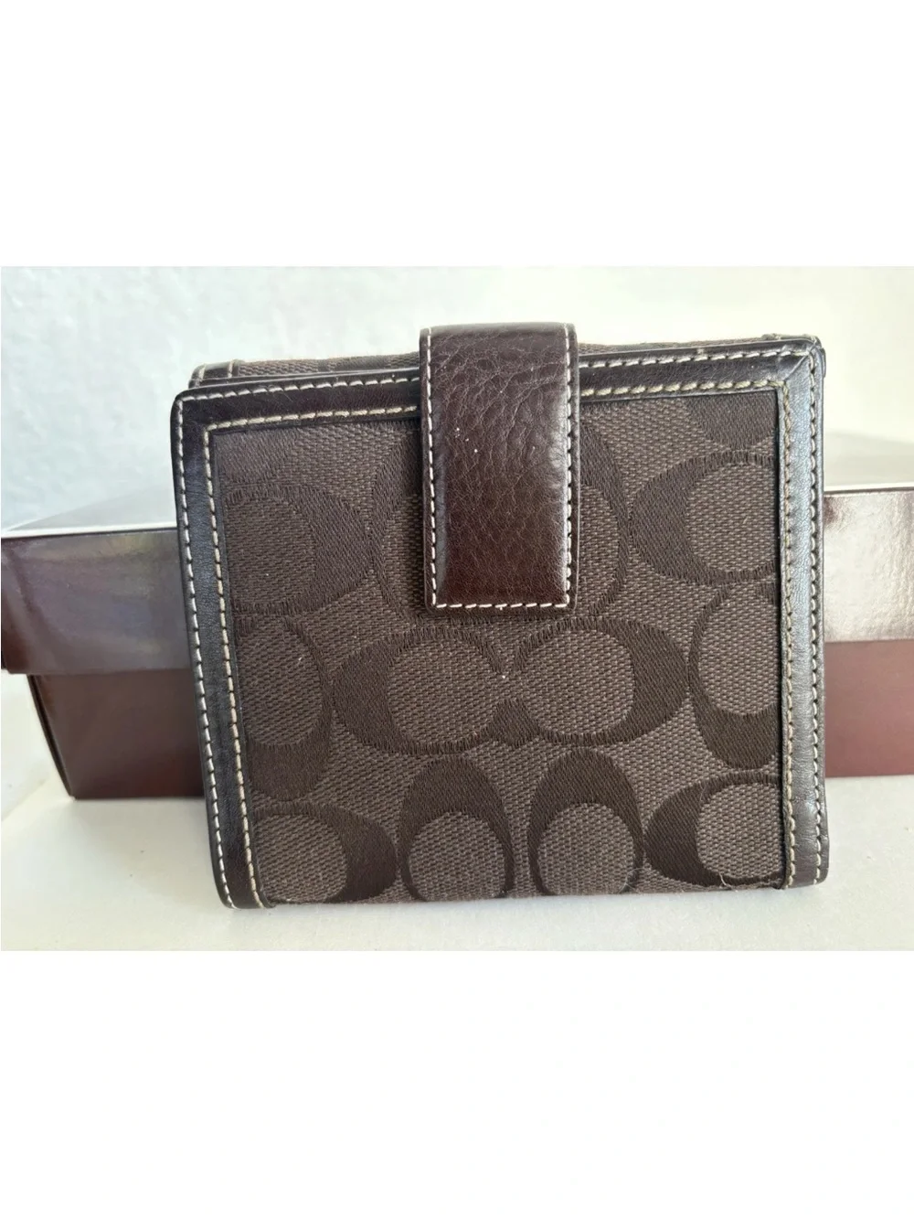 Vintage Coach Brand Brown Signature Canvas Wallet with Leather Trim